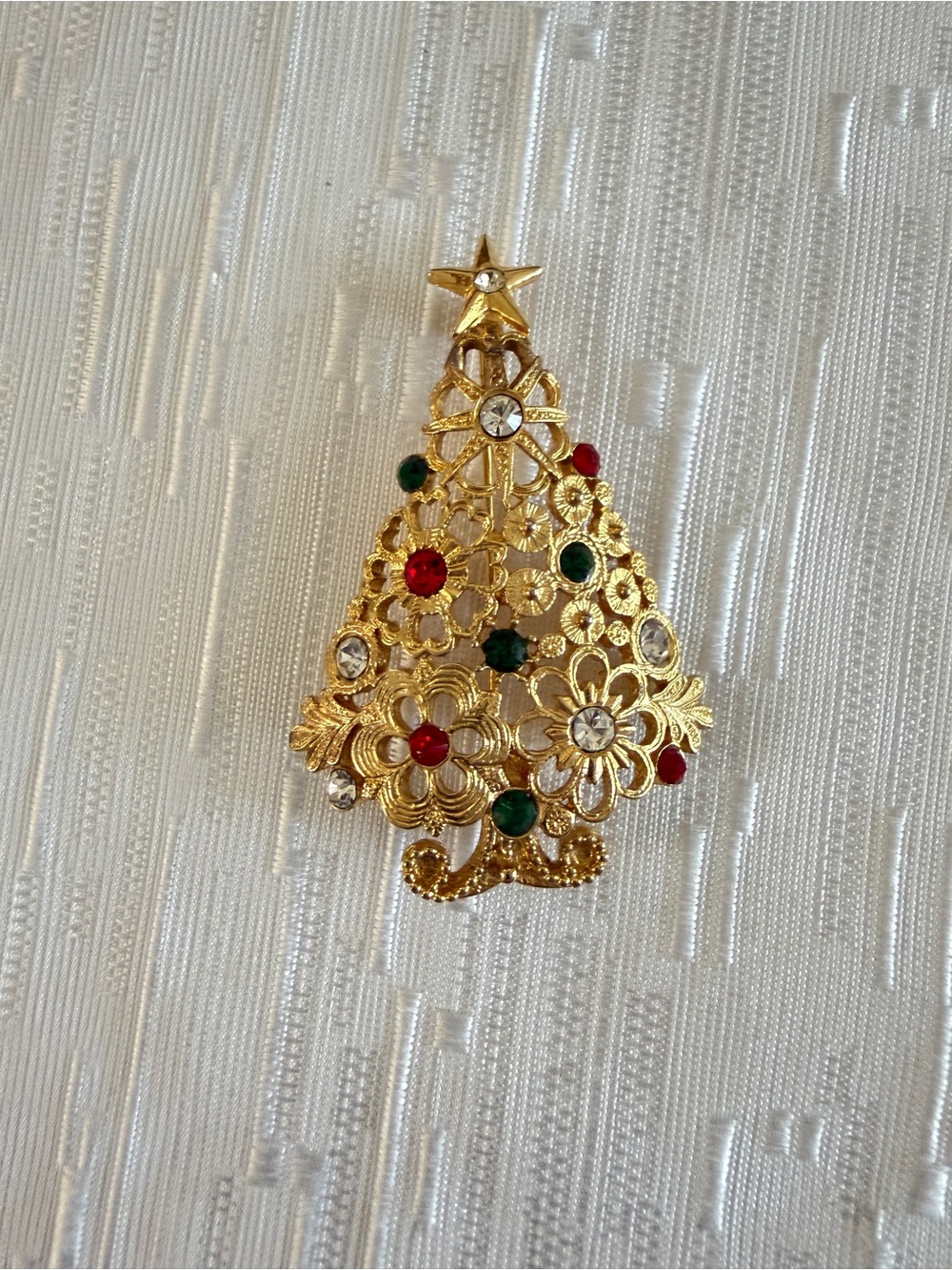 Vintage Gold-tone Christmas Tree Brooch with Red & Green Accents